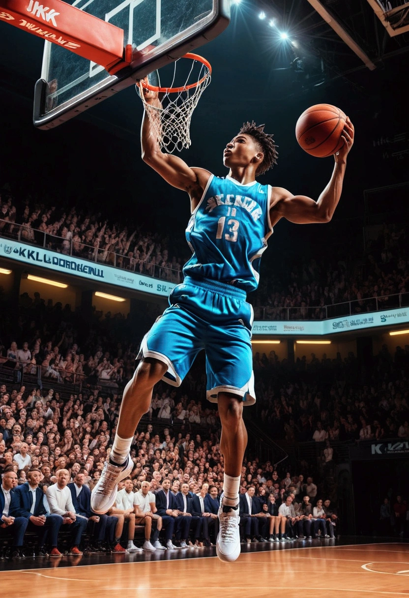 1boy, Game-Winning Dunk, a basketball player jumping high, performing a spectacular slam dunk, intense action pose, muscular male body, dynamic movement, basketball court, crowd cheering, dramatic lighting, cinematic composition, 8k, (4k,highres:1.2), ultra-detailed, studio lighting, extreme detail description, professional, vivid colors, masterpiece, best quality, very aesthetic, absurdres
