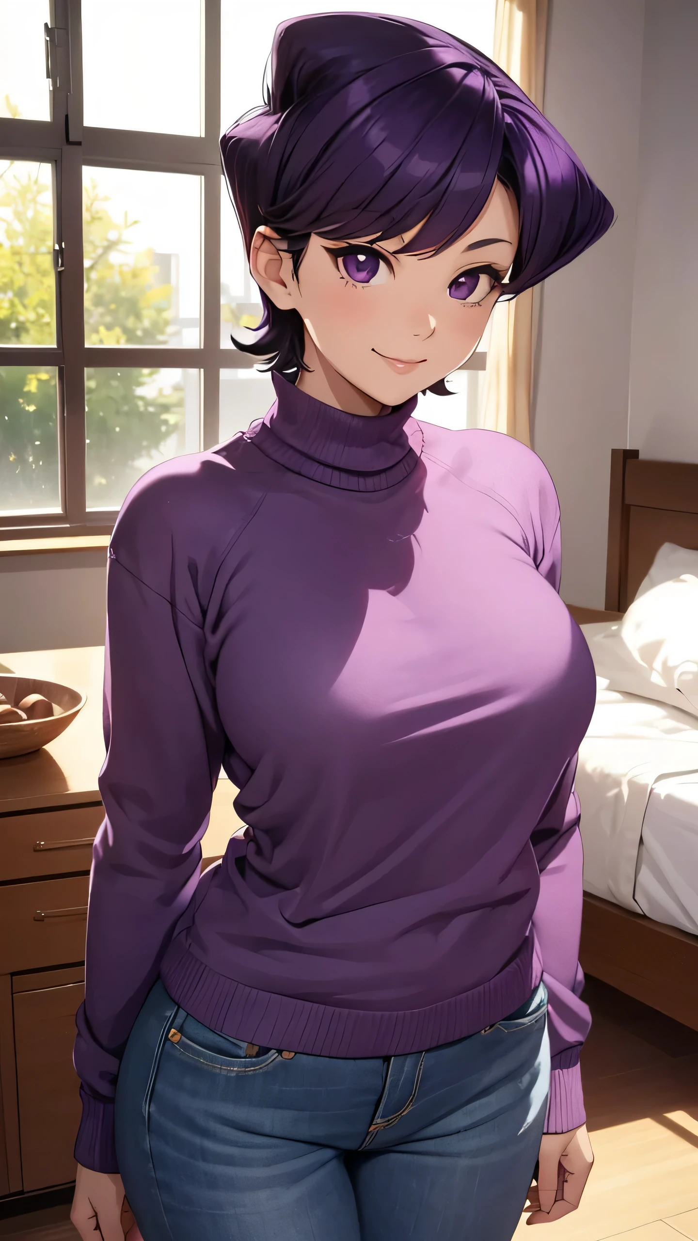 (komishuuko), beautiful, masterpiece, best quality, extremely detailed face, perfect lighting, purple hair, short hair, purple eyes, smile, indoors, bedroom, window, beautiful backdrop, long sleeve sweater, denim pants, (large breasts:1.2), sunny, looking at viewer, (1girl:1.3)