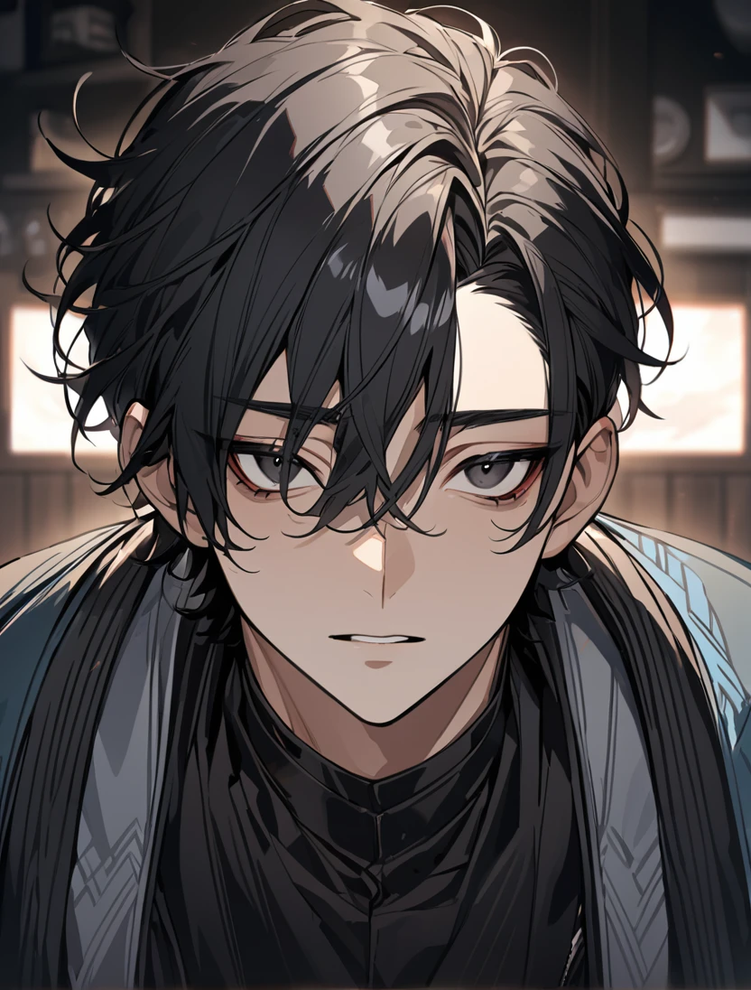 (black_hair), (short_hair), (deep_black_eyes), (high_detailed_eyse), (Handsome), (Attractive), (male), (unique_dark_colored_Haori), (light_inner_wear), (detailed_Hair), (detailed), (detailed_mouth), (Teenager), (dark_under_eyes), 
