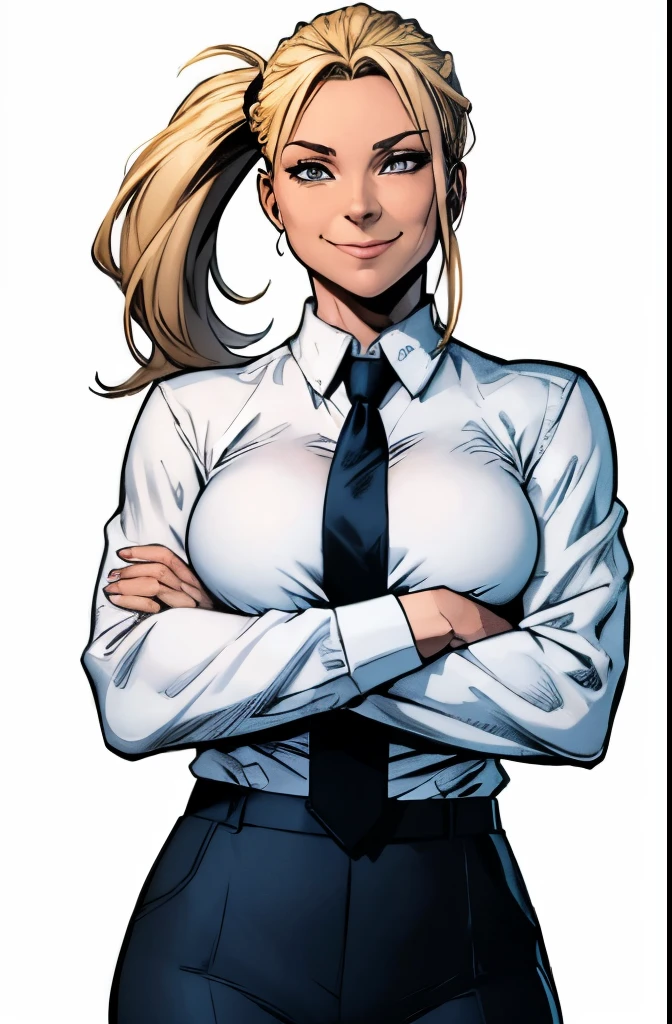 woman, style marvel comics, full view, I look at the viewer, smile, arms crossed over her chest, Hair in a ponytail, blonde hair, white shirt with long sleeves, dark blue tie, gray pants. White background