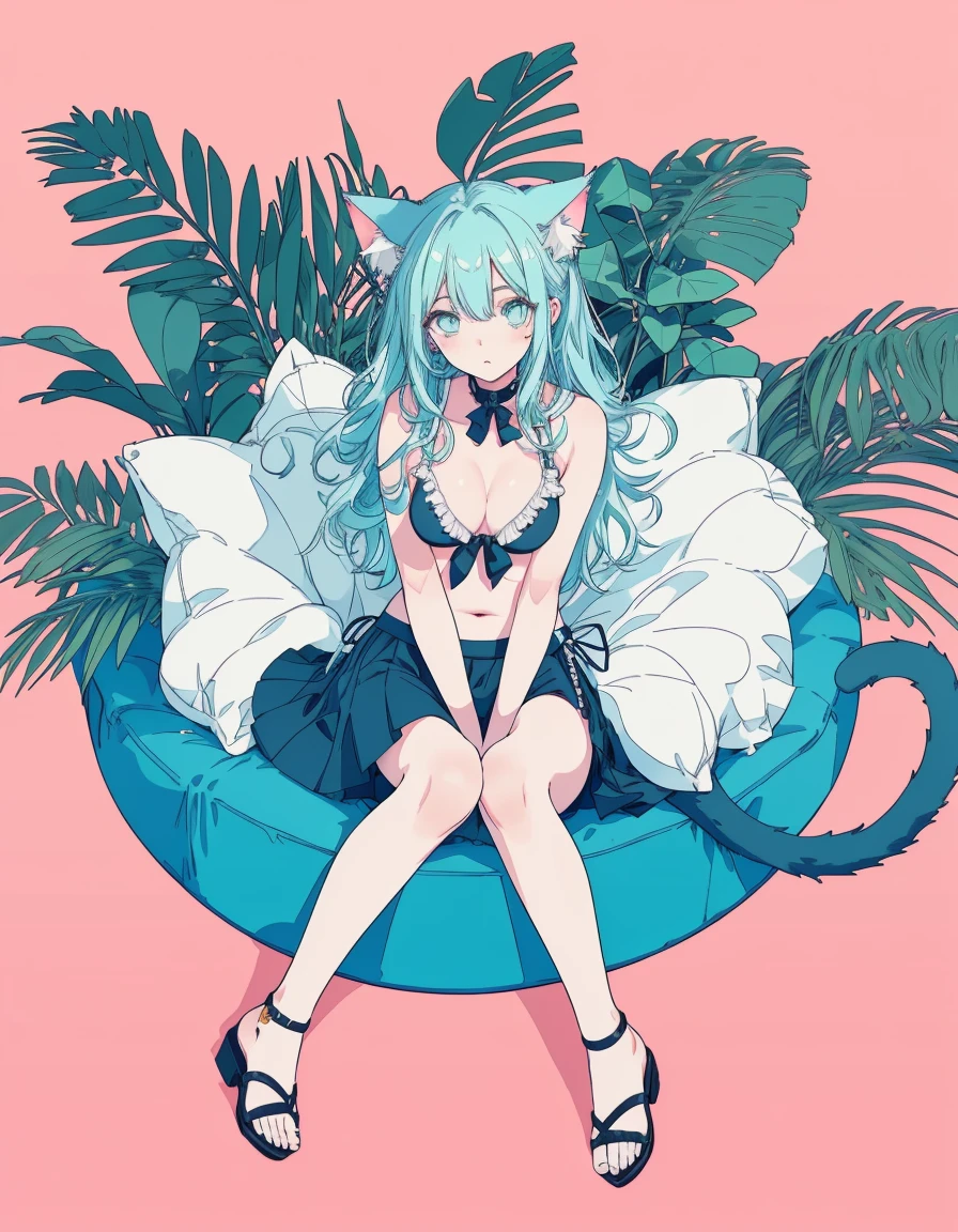 pawpads, bikini, skirt, full body, ((masterpiece, best quality:1.5)), ((Beautiful detailed cat aqua eyes:1.2)), cat ears, pale skin, medium breasts, beautiful hands, beautiful fingers, EasyNegative