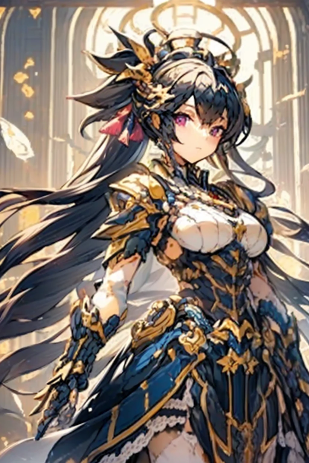 hand on own chest, hands up, black hair, bare shoulder, (((red eyes, black clothes))), very long hair, cleavage, large breasts, dress, showgirl skirt, high-leg, cleavage cutout, tiara, bare thighs, gauntlets, bare shoulder, ((((((((((bare nails, bare fingers, bare hands, good hands, best hands, Correctly aligned fingers, extremely detailed hands and fingers, ultra detailed hands and fingers, super detailed hands and fingers, perfect female hands and fingers, biologically accurate hands and fingers, 4 fingers and 1thumb accurate hands and fingers, beautiful hands and fingers, hands and fingers drawing, human hand and fingers, perfect arrangement of fingers, detail focus hands, perfection hands, better hands)))))))))), adult face, fearless face, both arms, two arms, both hands, two hands, super fine illustration, masterpiece, masterwork, by famous artist, official art, ultra high res, best quality, high quality, Hand, detailed, perfect, perfection , hands, both hands is Thumb and index finger and middle finger and ring finger and little finger, symmetrical hands, even hands, panties,