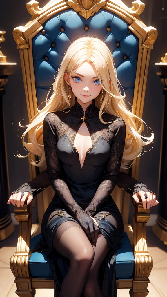 1 skinny girl, blonde with blue eyes, in a black and gold expensive dress, sitting in an expensive symmetrical chair in his office, leans on the armrest, crazy smile. medieval fantasy