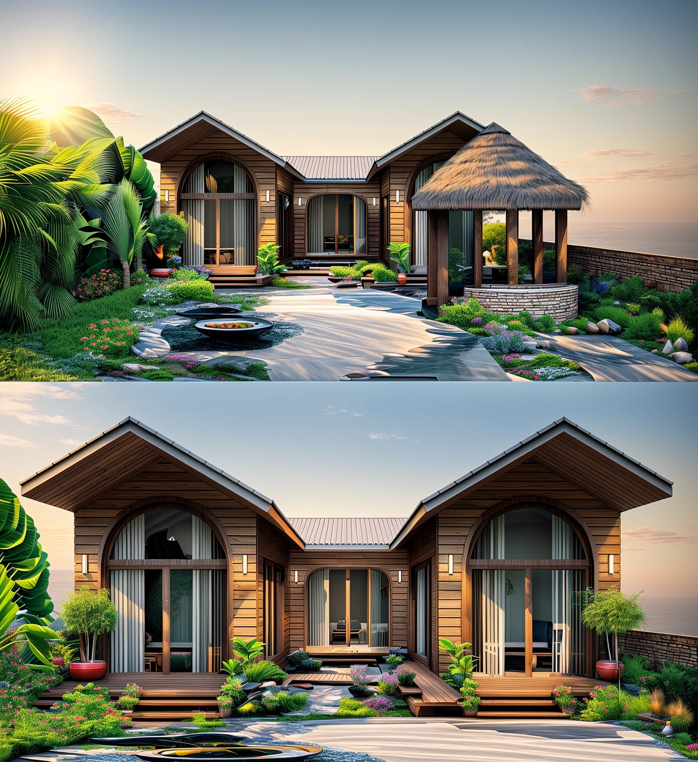 Realistic images, extremely detailed, a modern house,(((1 road in font of house))), large yard made by ceramic, (1 car), brick fence, lawn, a few small flowers, a road in front of the house, main materials of the house are white walls and red brick, Modern design, clear blue sky, sunrise light, light from inside, dynamic light,shimering light, cinematic light, romantic feeling, (((day light, warm light)))