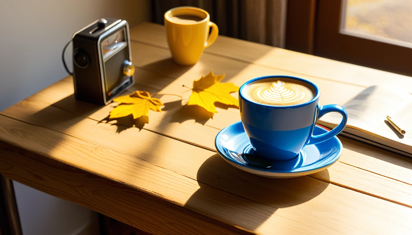 Create an image of a cozy autumn setting featuring a vibrant blue cup with a latte art design on top, placed on a wooden table. Surround the cup with fall elements such as yellow leaves, grapes, and an apple. Include a vintage radio in the background to enhance the nostalgic feel of the scene. The setting is bathed in warm sunlight filtering through a window, casting soft shadows and highlighting the textures of each object.