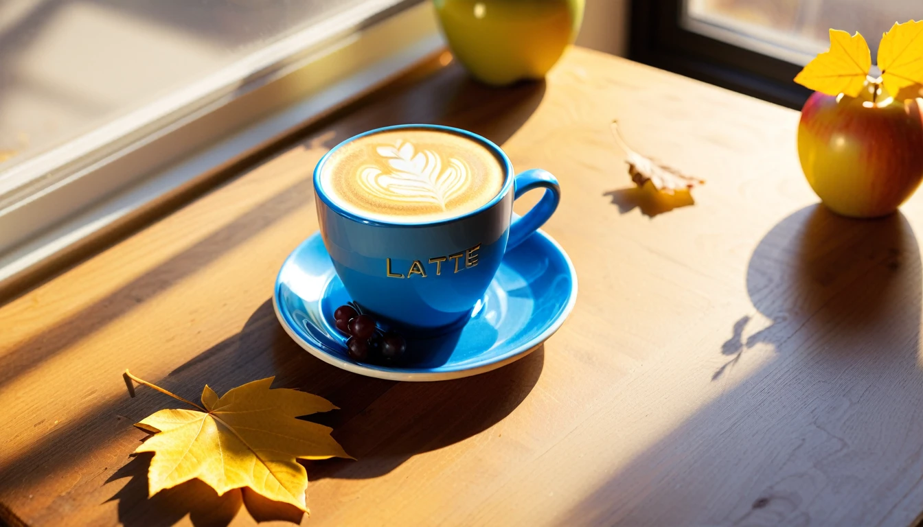 Create an image of a cozy autumn setting featuring a vibrant blue cup with a latte art design on top, placed on a wooden table. Surround the cup with fall elements such as yellow leaves, grapes, and an apple. Include a vintage radio in the background to enhance the nostalgic feel of the scene. The setting is bathed in warm sunlight filtering through a window, casting soft shadows and highlighting the textures of each object.