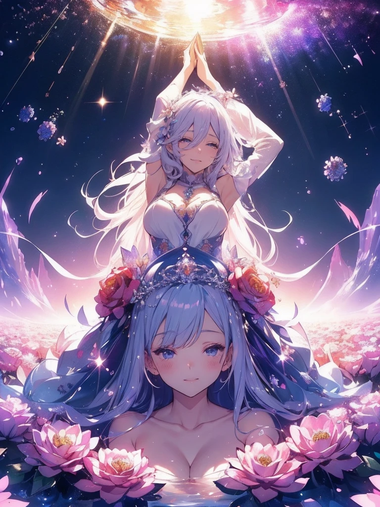 最high quality、Bigger on the screen、1 beautiful woman,Elf ((sleep on your back100,))、beautiful、((full bodystocking))Ice decorated tiara、宇宙空間に浮いている Bold composition、(( upshot))((low angle))universe space world、Floating and sleeping in space、Lots of snowflakes、Bold composition、Lying down in space、Wet、beautiful鼠蹊部、Looking up in space, looking at you、beautiful乳首、detailed groin、、Blushing、、???????、beautiful太もも、Filled with red roses、 E.G: Worst quality ,flower fractal fine art、Fill the screen with flowers、Bigger on the screen、Lie on your back and face this way、beautiful瞳、With your legs apart、beautiful瞳,High-definition depiction, Realistic, 8k, Unity, , light smile, Beautifully and vividly drawn, , beautiful beautiful透き通る肌、sexly  nude ,sexly 、???????、 Raise your arms behind your head,  Romanticism,mosquito。 混沌の最もbeautiful形, Mr..々Farbe, Intertwined flowers, P article,Magical gentle light,smile,sexy,image quality、masterpiece、beautiful顔、Super beautiful woman((Big breasted 22 year old office lady、Bust 120,Beautiful long ironed hair、Silver Hair、height: 165cm。、sexy、Esbian、high quality、beautiful装飾、Visual Arts、最high quality、1 woman E.G: Worst quality ,Flower fractal art、、Beautiful radiance,High-definition depiction, Realistic, 8k, Unity, , light smile, Beautifully and vividly drawn, , Beautiful, beautiful, clear skin、sexly Countless rays of light pouring down, Swirling Light, , Raise one arm above your head, Intense light is emitted from the magic starry circle in front of the girl. Romanticism,: The most beautiful form of chaos, Mr..々Farbe, Intertwined flowers, Particle,magical gentle light,smile,sexly,image quality、masterpiece、Beautiful Face、Super beautiful woman((Big breasted ,Beautiful 、sexly、Esbian、、high quality、Visual art、Written boundary depth、、、universe、Happy smile、、、elegant、ticker beautiful decorative、、magic、、A kind smile、wonderful、Fluttering petals、、Cultivate fantasy、、、art、art,mystery,Ultra-high resolution,atmosphere 最high quality、((sleep on your back))、Erotic