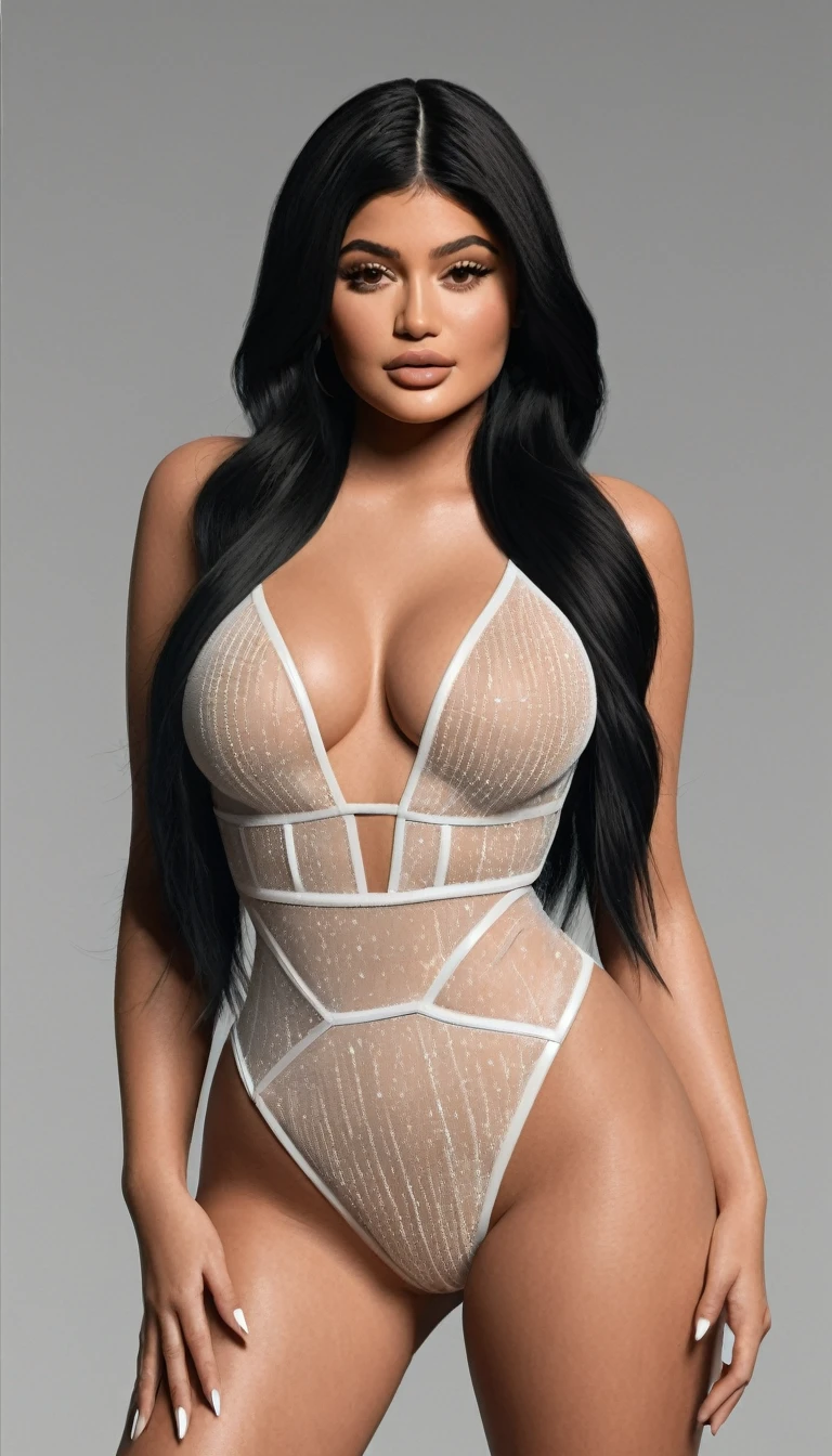 ((Best quality)), ((Ultra Resolution)), ((photorealistic)), (Intricate details), 19 years old, long purple hair, Perfect face, makeup: 1.5, Light on the face, Detail of the face , ((full body nude)), ((big breasts)) ((sculptural body)) ((translucent lingerie)), brunette