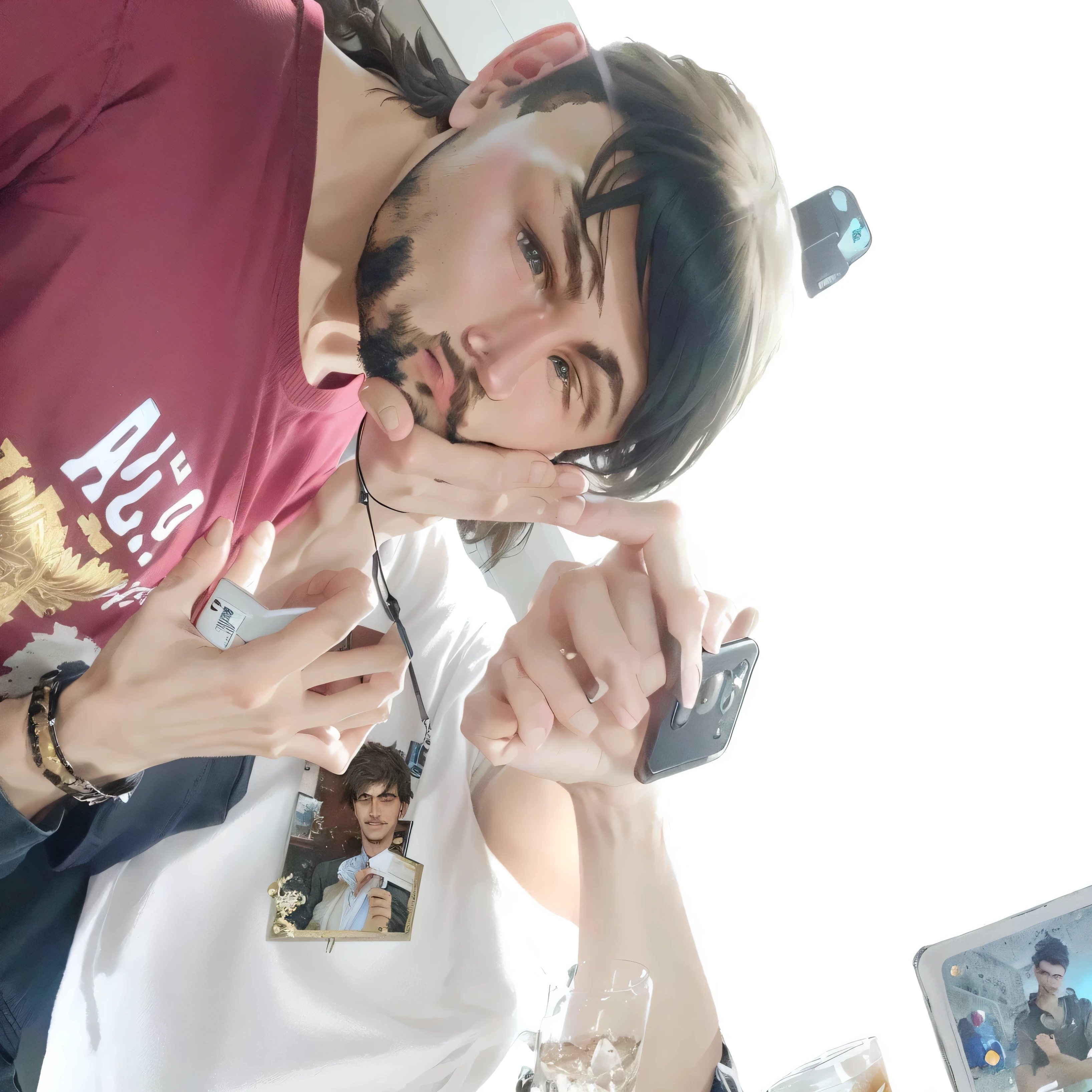 There are two men standing next to each other, one of them holding a cell phone, very low quality image, low quality photo, blurry image, very accurate photo, Greg Rutkowski e Edgar Maxence, pov photo, Selfie, with nerdy! cups! and goatee, vacation photo, Selfie tirada diretamente no ângulo, coworkers, fool and pixel jeff