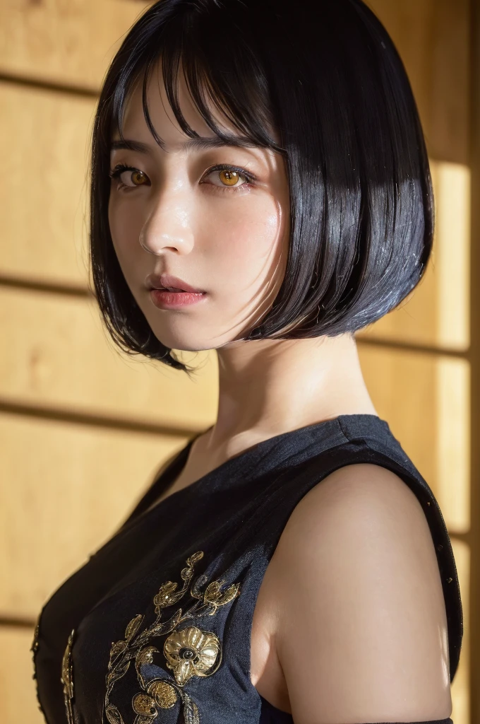 (masterpiece, best quality, beautiful quality, photorealistic, detailed lighting, extremely detailed skin, extremely detailed hair, shadows, 8k, a picture of a woman, black hair, bob cut, yellow eyes, upper body, 1girl, fcPortrait:1.2), Bob cut, Intricate details, Kujou Sara (Genshin Impact)