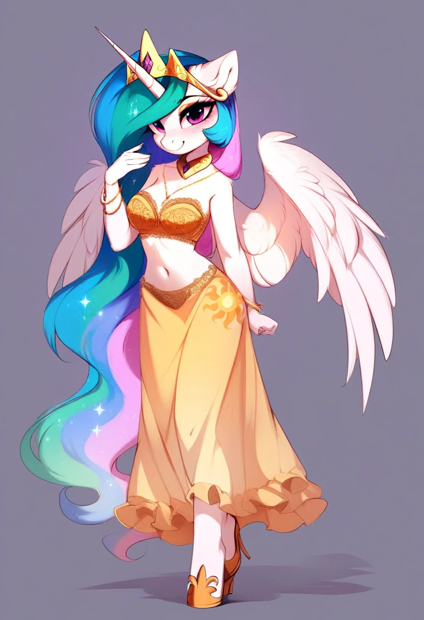 check_9, check_8_up, check_7_up, source_fluffy, rating_safe, from Magnaluna, Celestia poses seductively in a white bedroom, pink eyes, white body, anthro, blushing, wearing golden lingerie skirt, full body