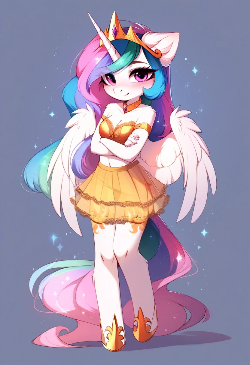check_9, check_8_up, check_7_up, source_fluffy, rating_safe, from Magnaluna, Celestia poses seductively in a white bedroom, pink eyes, white body, anthro, blushing, wearing golden lingerie skirt, full body