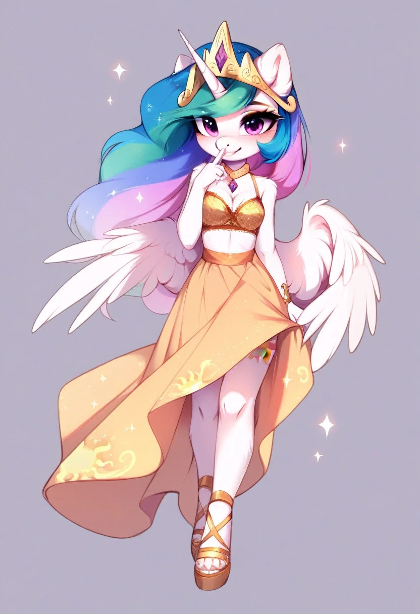 check_9, check_8_up, check_7_up, source_fluffy, rating_safe, from Magnaluna, Celestia poses seductively in a white bedroom, pink eyes, white body, anthro, blushing, wearing golden lingerie skirt, full body