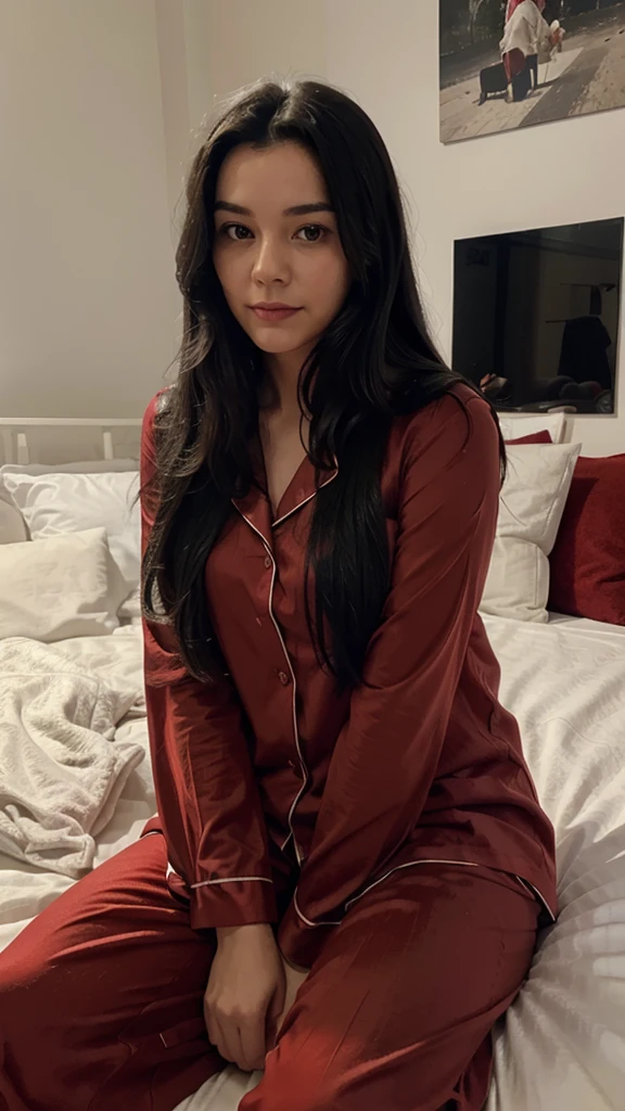 British lady with long black hair sitting on bed wearing red pajamas, selfie 