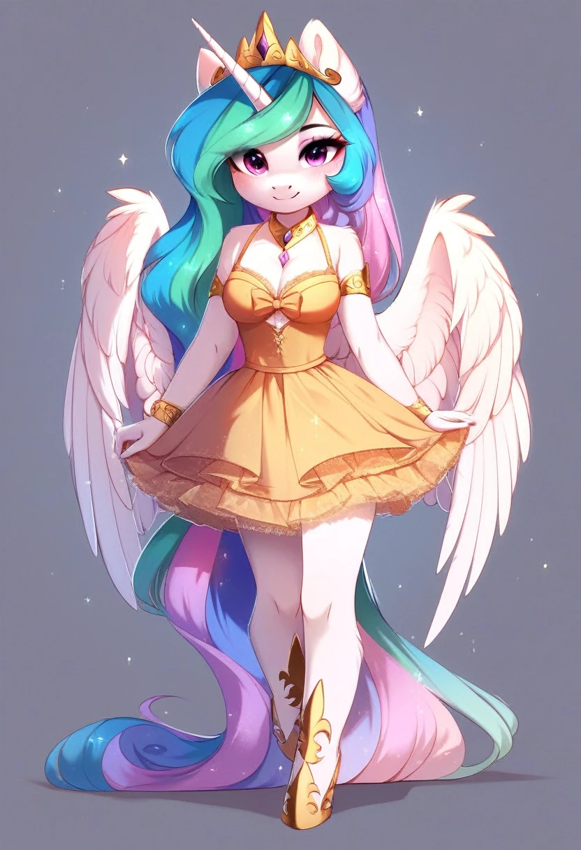 check_9, check_8_up, check_7_up, source_fluffy, rating_safe, from Magnaluna, Celestia poses seductively in a white bedroom, pink eyes, white body, anthro, blushing, wearing golden lingerie skirt, full body