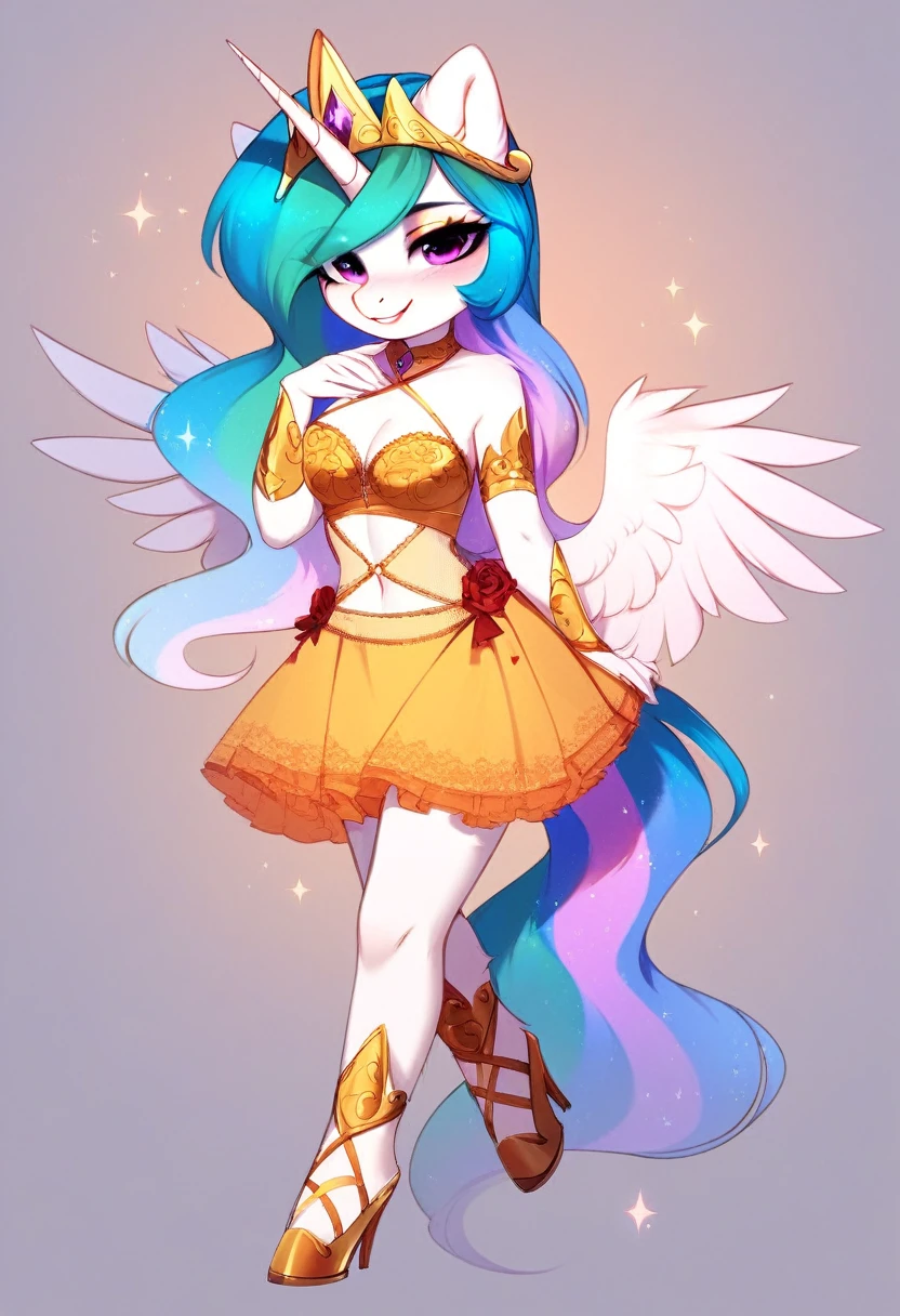 check_9, check_8_up, check_7_up, source_fluffy, rating_safe, from Magnaluna, Celestia poses seductively in a white bedroom, pink eyes, white body, anthro, blushing, wearing golden lingerie skirt, full body