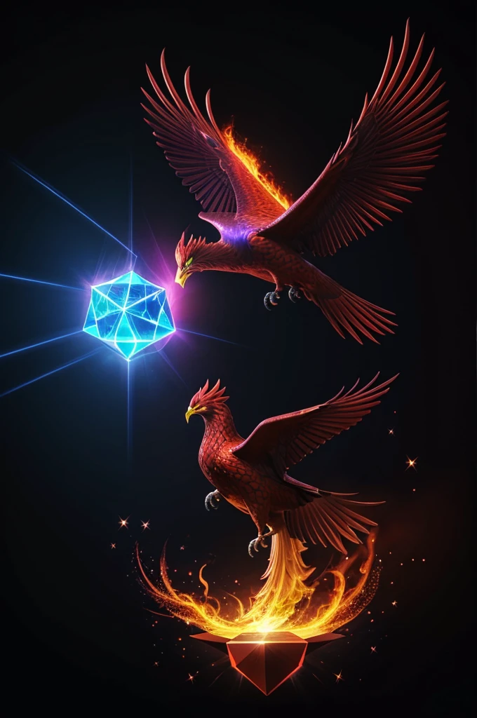 a dark background with a shiny red diamond style phoenix and a black background, a hologram of a PHOENIX bird, CGSociety, cube-futurism, Phoenix, 3d del símbolo de Phoenix, avatar for website, Phoenix!!!! logo, high resolution, ethereal hologram center, unused design, ether, holographic design, 3d neon geometric shapes, etheric