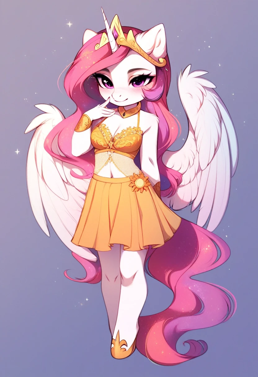 check_9, check_8_up, check_7_up, source_fluffy, rating_safe, from Magnaluna, Celestia poses seductively in a white bedroom, pink eyes, white body, anthro, blushing, wearing golden lingerie skirt, full body