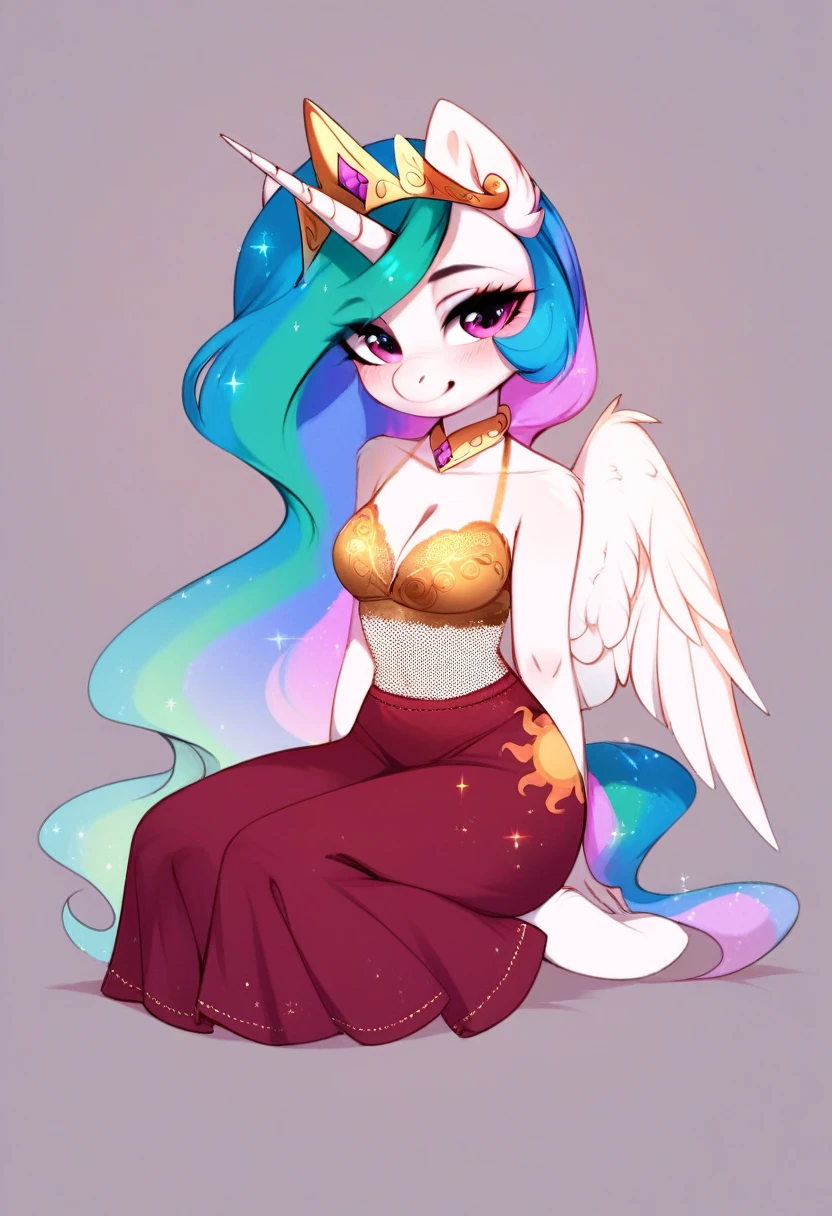 check_9, check_8_up, check_7_up, source_fluffy, rating_safe, from Magnaluna, Celestia poses seductively in a white bedroom, pink eyes, white body, anthro, blushing, wearing golden lingerie skirt, full body