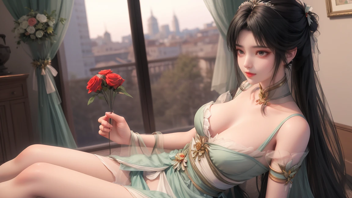 Limuwan,front-side view of a girl with long black hair wearing red tulle and red long skirt,red bra,with a bouquet of roses in his hand,white veil,high_heels,in the bedroom,sitting on the bed,highly detailed,ultra-high resolutions,32K UHD,best quality,masterpiece,solo,