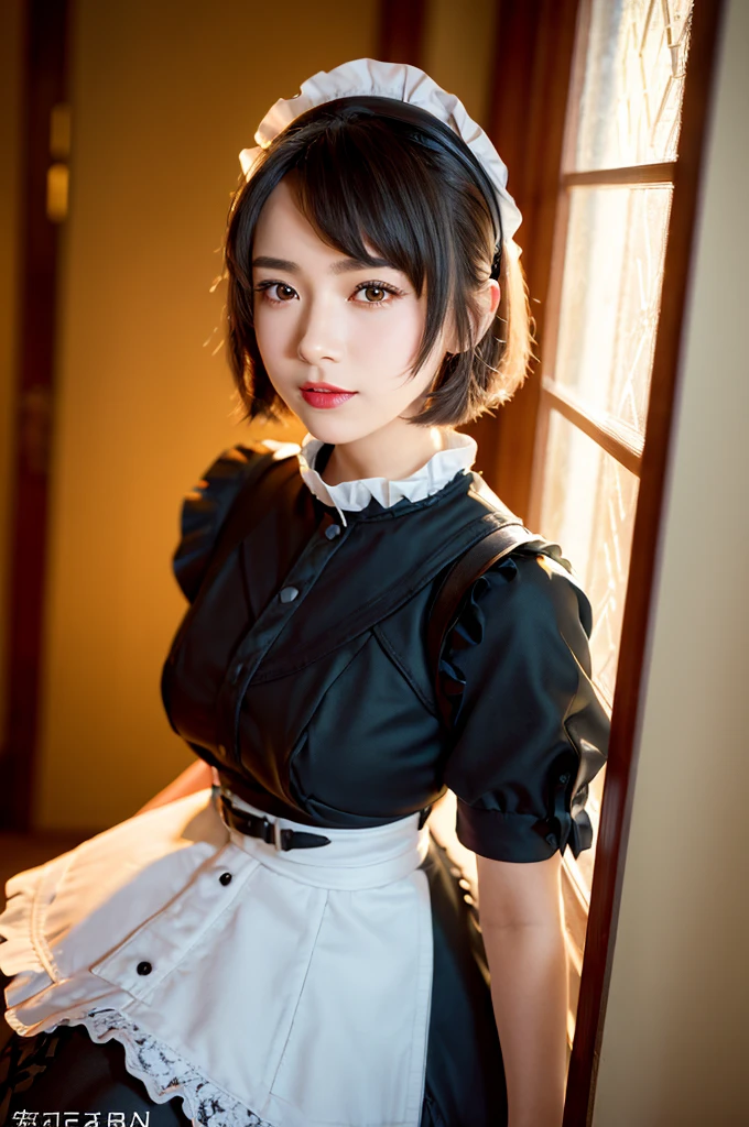 A young girl in realistic photo of high quality and detail, movie style, Ellen Joe (Zenless Zone Zero), a young girl with short black hair with red tips at the ends. She also has red eyes and makeup. She is wearing a maid costume, nylon tights and high-heeled shoes. She also has a shark's tail on her back, light and peaceful atmosphere, glow, eye shadow, 1girl, Depth & Perspective, smiling on her face, fine face, She stands in the middle of the maid cafe, indoors, sunlight from stained windows, looking at viewer, (ultra-high detail:1.2), Masterpiece, Best Quality, Ultra-detailed, Cinematic lighting, 8K, delicate features, cinematic, 35 mm lens, f/1.9, highlight lighting, global lighting –uplight –v 4, cinematic, Cinematic lighting, 8K, high quality, Highest Quality, (Solo Focus), (extremly intricate:1.3), (Realistic), masterful, Analog style, (Film grain:1.5), (warm hue, cold tone), 