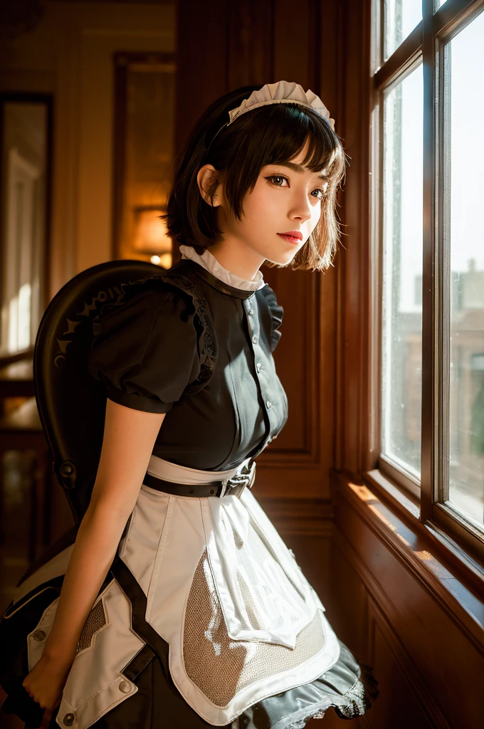 A young girl in realistic photo of high quality and detail, movie style, Ellen Joe (Zenless Zone Zero), a young girl with short black hair with red tips at the ends. She also has red eyes and makeup. She is wearing a maid costume, nylon tights and high-heeled shoes. She also has a shark's tail on her back, light and peaceful atmosphere, glow, eye shadow, 1girl, Depth & Perspective, smiling on her face, fine face, She stands in the middle of the maid cafe, indoors, sunlight from stained windows, looking at viewer, (ultra-high detail:1.2), Masterpiece, Best Quality, Ultra-detailed, Cinematic lighting, 8K, delicate features, cinematic, 35 mm lens, f/1.9, highlight lighting, global lighting –uplight –v 4, cinematic, Cinematic lighting, 8K, high quality, Highest Quality, (Solo Focus), (extremly intricate:1.3), (Realistic), masterful, Analog style, (Film grain:1.5), (warm hue, cold tone),