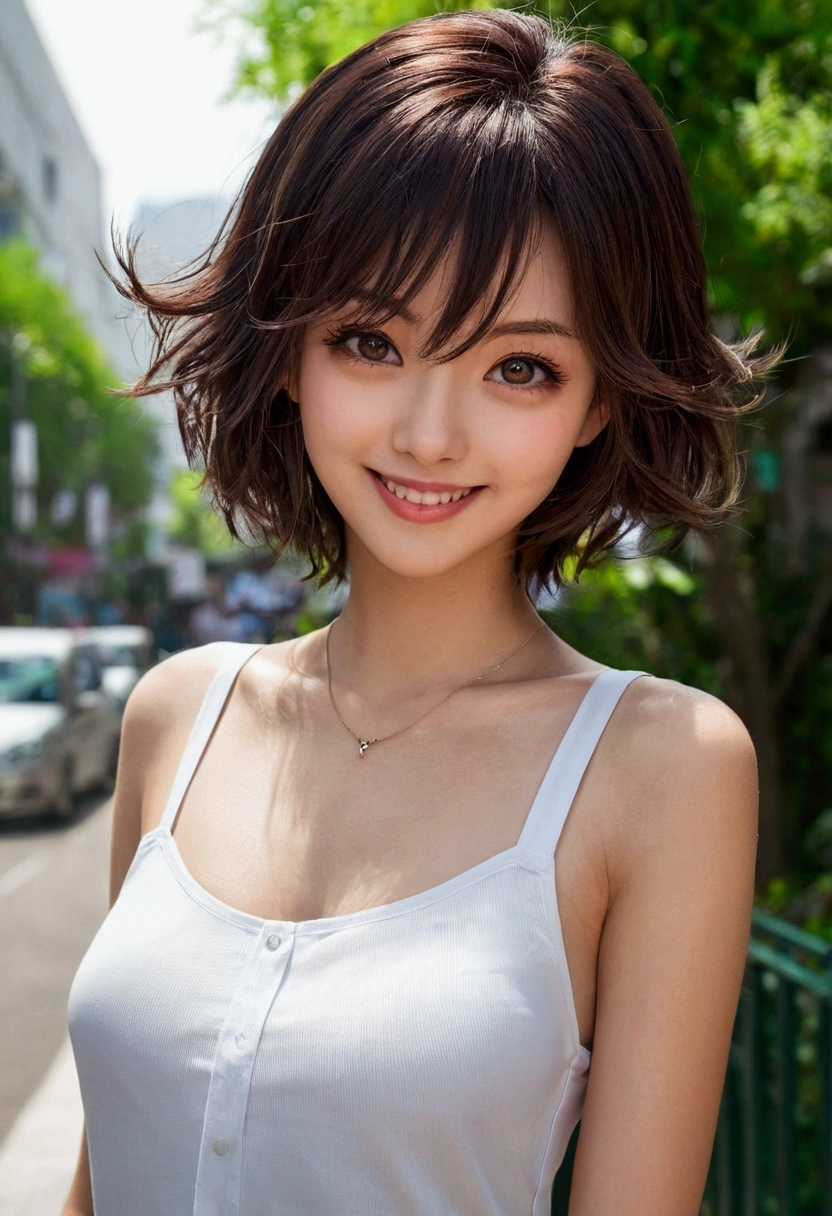 Fille anime, style, œil magnifique, cheveux courts, sexy, ville, short, souriante