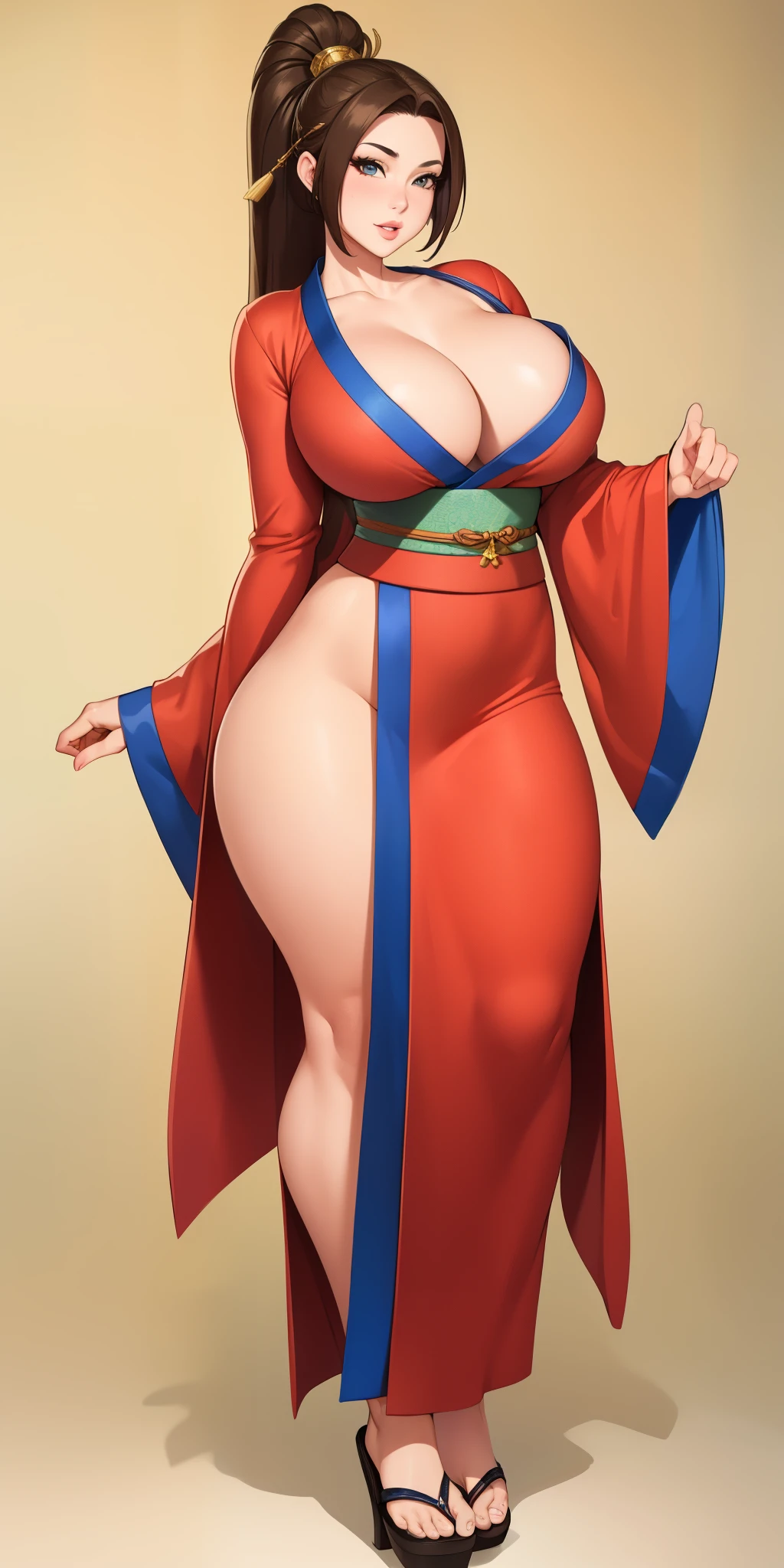 1womanl， （tmasterpiece： 1.3），Beautiful mature Japanese woman， detailed finger， beautiful hand， hyper realisitc， 1womanl， （Sagging breasts， Bewitching body： 1.2） brunette color hair： 1.1， Super detailed face， Detailed lips， Detailed eyes， double eyelid， Sexy low-cut neckline kimono， Open neckline， Sagging chest， Side posture， visible curves，full body1:1，The King of Fighters 97 Mary, Hair is black, She wears a kimono that covers her charming body