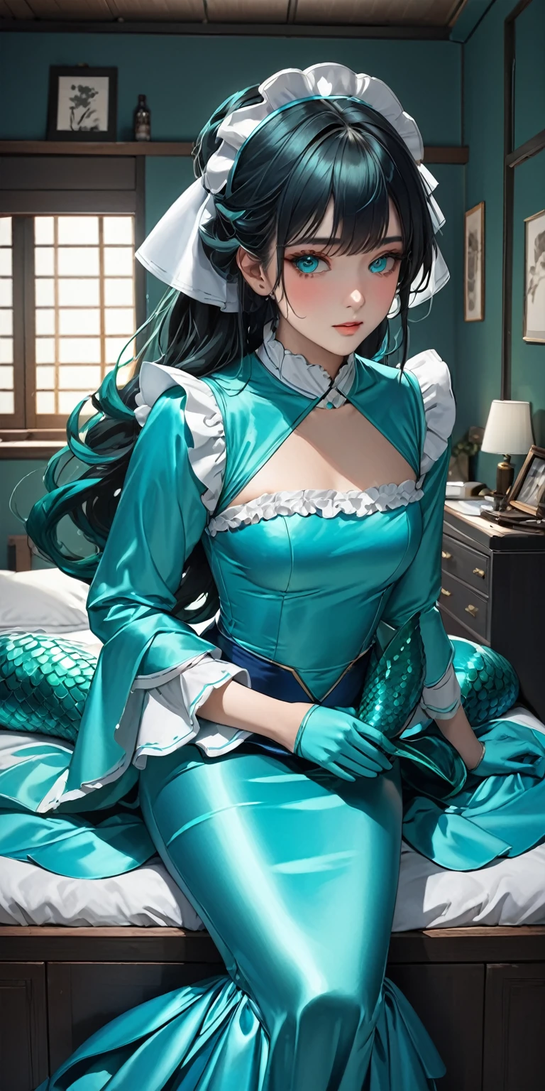 (masterpiece,highest quality,超A high resolution),Japanese women, (((Very beautiful 25 year old girl))),((A mermaid-style high-neck long dress made of satin))、Long satin gloves、The satin has a very strong shine