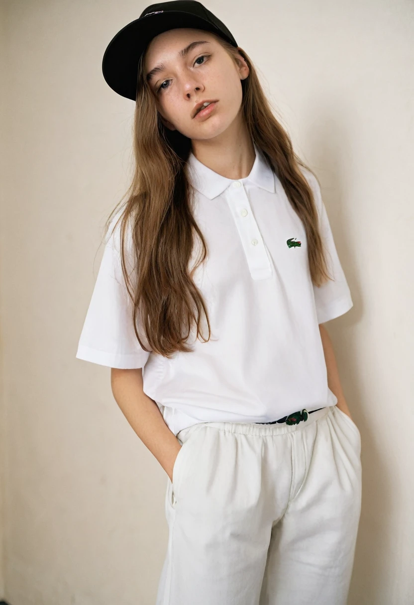 A 19-year-old teenager with long hair and a black Lacoste cap,a loose blouse and loose pants and a little line on the eyebrow,of lesbian sexuality and with pincergin in the corner of the mouth , appear full body showing baggy pants and baggy blouse