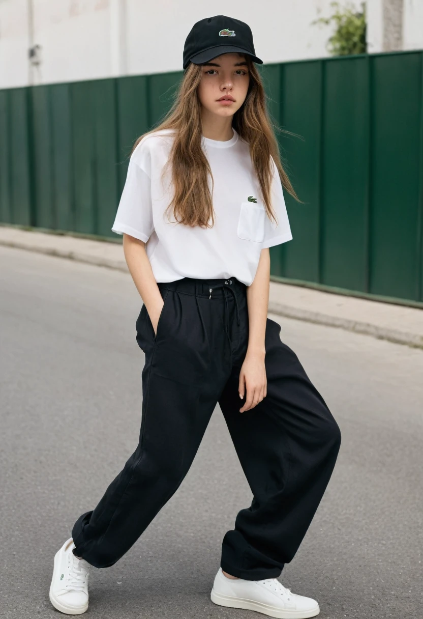 A 19-year-old ager with long hair and a black Lacoste cap,a loose blouse and loose pants and a little line on the eyebrow,of lesbian sexuality and with pincergin in the corner of the mouth , appear full body showing baggy pants and baggy blouse