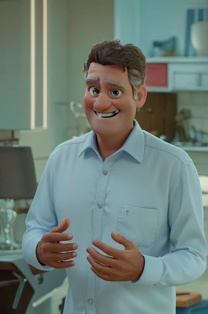 middle aged man smiling happily with eyes open with hands raised in pixar dyney style improve your eyes