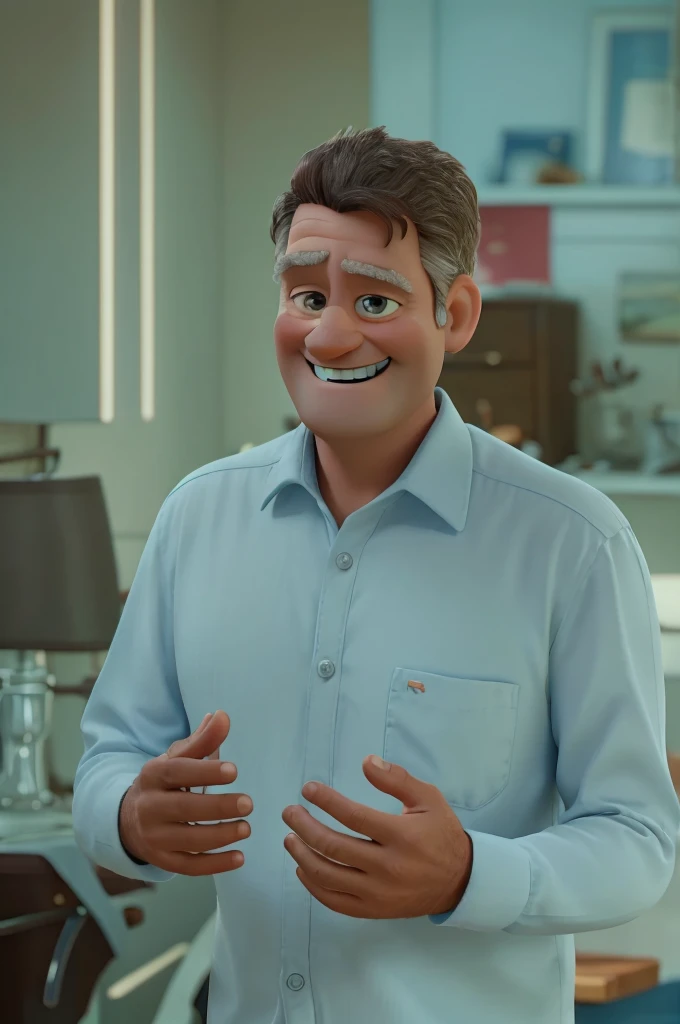 middle aged man smiling happily with eyes open with hands raised in pixar dyney style improve your eyes
