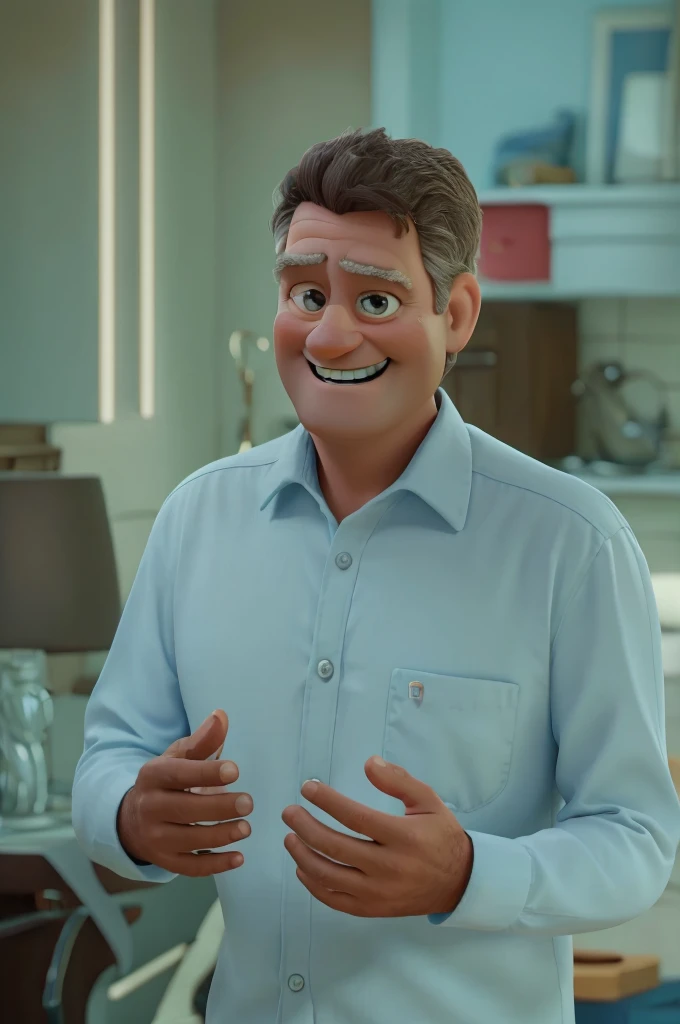 middle aged man smiling happily with eyes open with hands raised in pixar dyney style improve your eyes