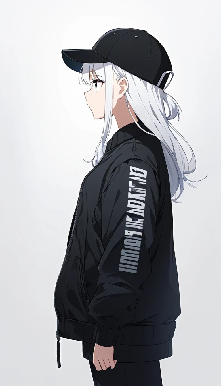 "A chibi girl with long white hair, wearing a black baseball cap and black clothing with printed graphics, standing in profile. white background, Anime style, detailed and soft shading, melancholic atmosphere."