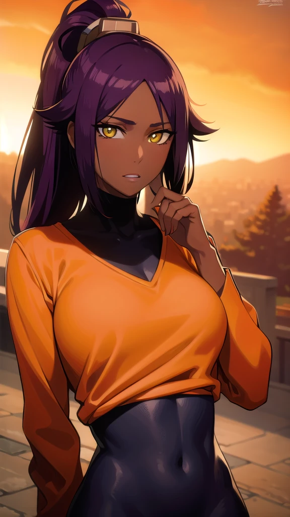 BREAK looking at viewer,BREAK (masterpiece:1.2), best quality, high resolution, unity 8k wallpaper, (illustration:0.8), (beautiful detailed eyes:1.6), extremely detailed face, perfect lighting, extremely detailed CG, (perfect hands, perfect anatomy),yoruichi shihouin, long hair, (yellow eyes:1.5), ponytail, purple hair, dark skin, dark-skinned female,
bodysuit, black bodysuit, bodysuit under clothes, (orange shirt:1.5), long sleeves,