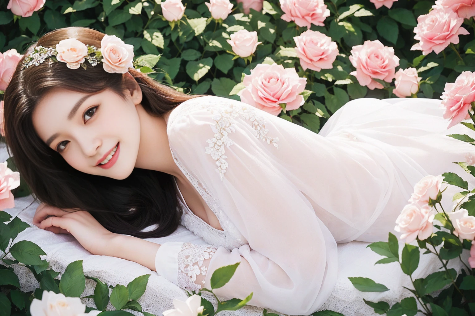 Highest quality A beautiful woman lying down surrounded by flowers Photo style Real Fairy tale Rose flower smile