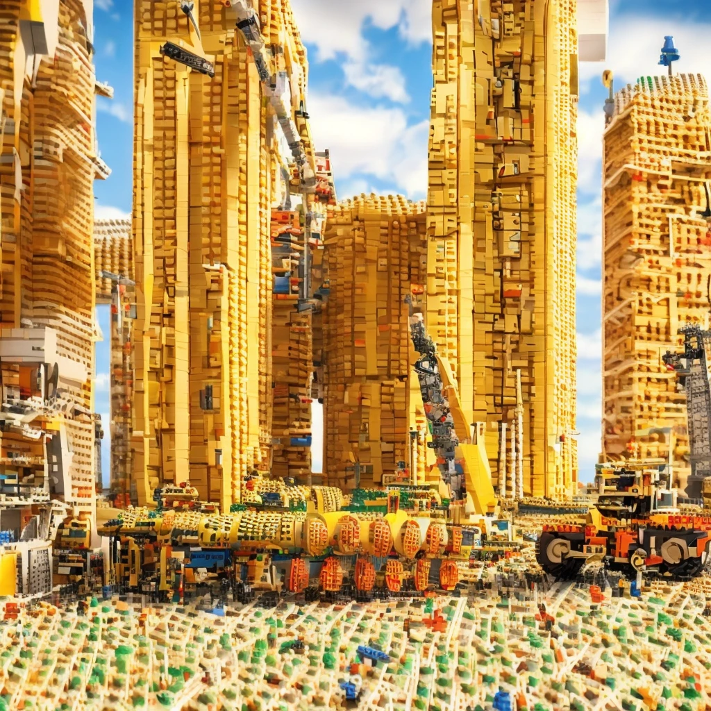 LEGO, peças de LEGO, LEGO contruções, there are many construction equipment that are on the grass, construction, construction yard, construction site, groundbreaking, Realistic Scene, 2 0 2 2 photo, robot in construction, photo rendering, um hyperrealisti, publicity photo, transportation design rendering, Digital rendering, muita construction, big tubes, hyperrealisti, hyperrealisti, highly photographic rendering