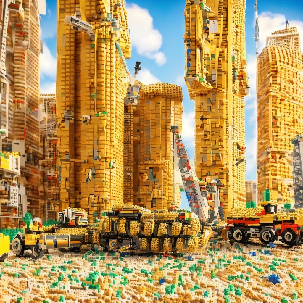 LEGO, peças de LEGO, LEGO contruções, there are many construction equipment that are on the grass, construction, construction yard, construction site, groundbreaking, Realistic Scene, 2 0 2 2 photo, robot in construction, photo rendering, um hyperrealisti, publicity photo, transportation design rendering, Digital rendering, muita construction, big tubes, hyperrealisti, hyperrealisti, highly photographic rendering