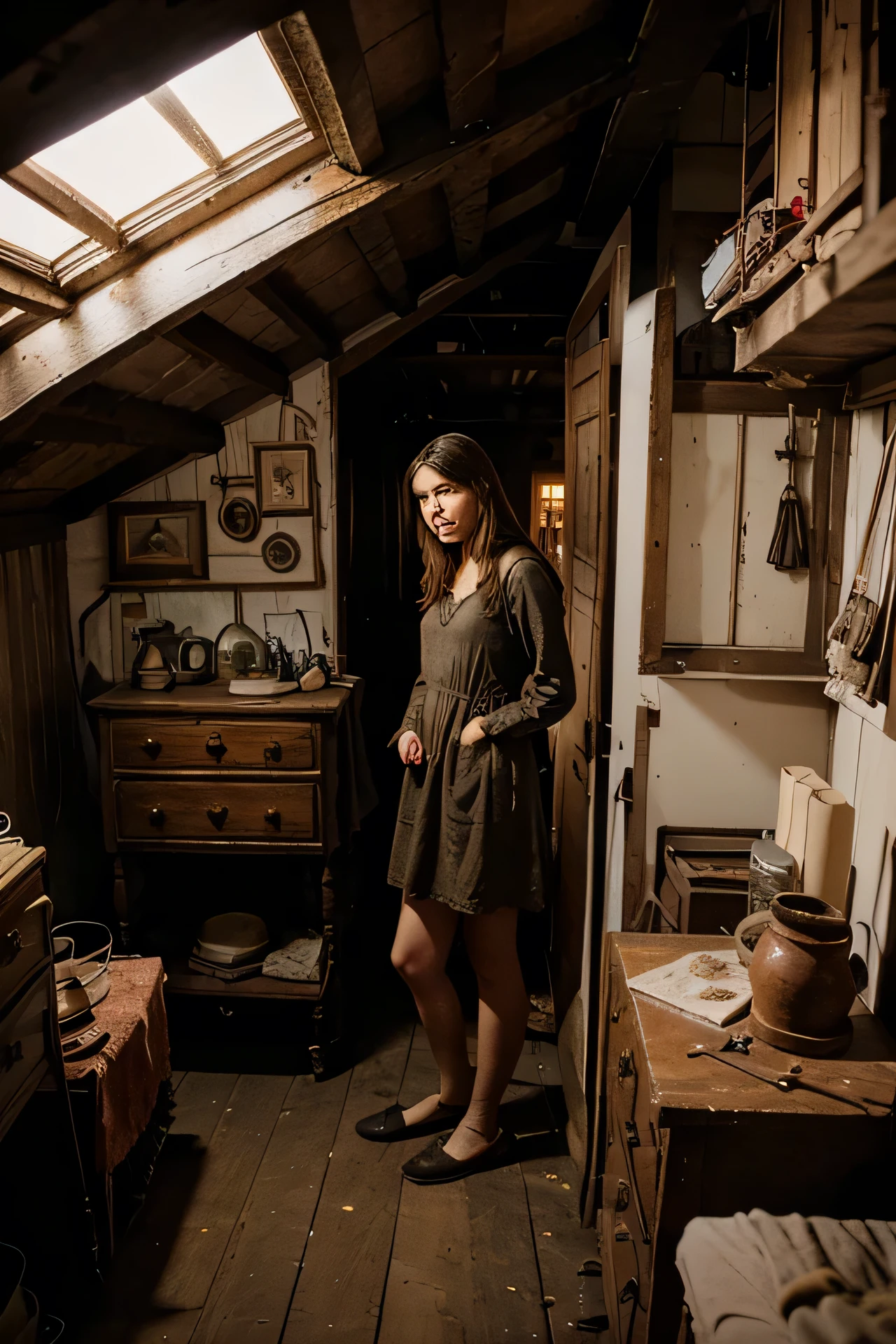 2. Sarah in the Attic:
• An old, dusty attic filled with cobwebs and antique items. Sarah is standing in the middle, looking towards a large, old mirror with a fearful expression.