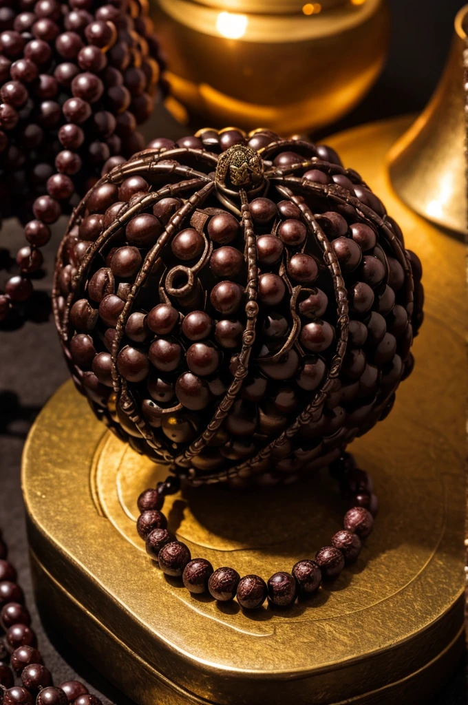 a prayer beads cord of a hundred grape-shape brown beads, metalic medal carved with a tree, in a black brilliant box, intricate details, high quality, 8k, photorealistic, studio lighting, warm colors, dramatic lighting