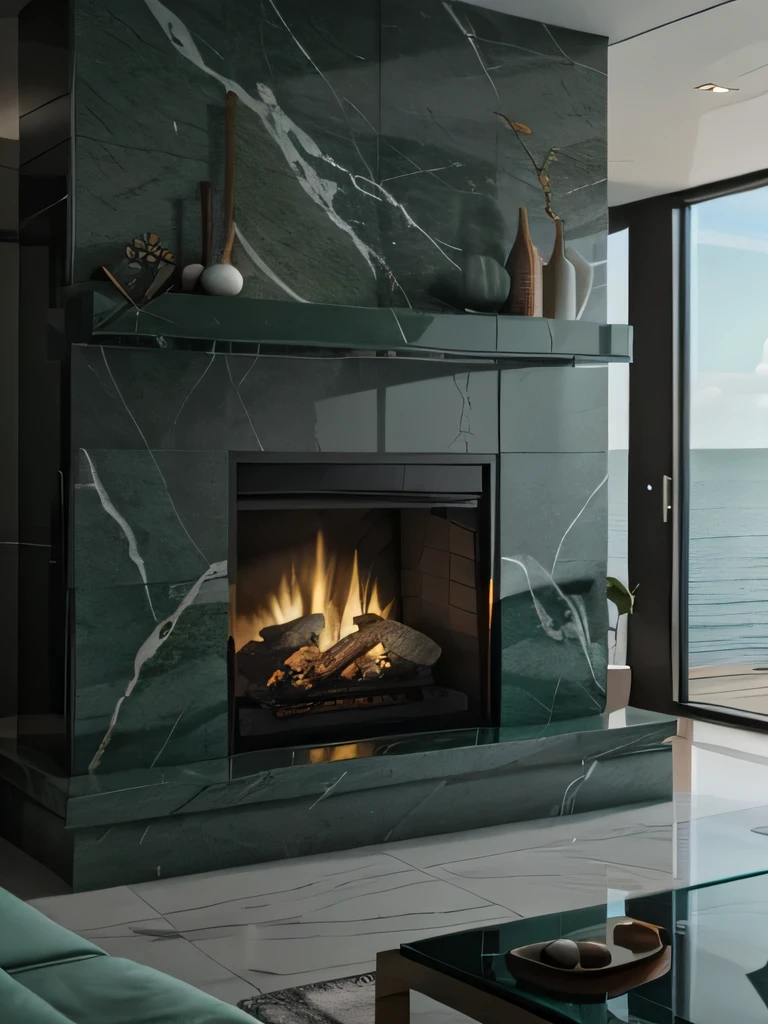 Professional 3d architecture rendering design of modern and minimal fireplace with sea green slab green slab stone marble
