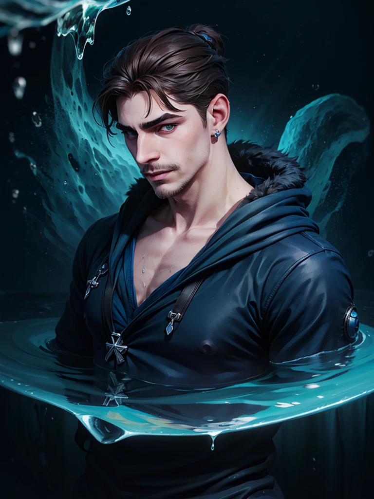 Dark blues colors. In the deep sea frozen waters, a boy is underwater. It is very dark, there is almost no light. He has brown hair held in a manbun, a mustache and goatee, and green eyes. He has a very hooked nose and kind eyebrows, with two earrings on his left ear. His face is gentle with angular bone structure, he looks relaxed. he wears fantasy northern clothes with fur. He manipulates water around him.