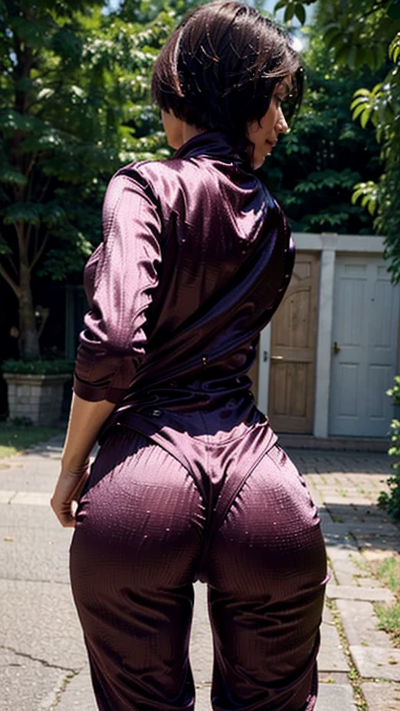 (The FW), 1womanl, Solo, 24 year old, 7headed body, (cute  face), (Ideal ratio body proportions), a park, Running, (((facing back))), ((Buttocks close up)), ((emphasis on the buttocks)), ((Upper body satin tracksuit)), ((Lower body satin tracksuit)), ((long trousers)), Smiling smile, erectile nipple, Sexy body, Wet, short-hair, Dark hair, , A slender, Small buttocks, beauty legs, Skinny Legs, surrealism, Cinematic lighting, depth of fields, One-person viewpoint, nffsw, masutepiece, ccurate, ((Anatomically correct)), Textured skin, Super Detail, high details, High quality, awardwinning, Best Quality, hight resolution, 4k Sharp,