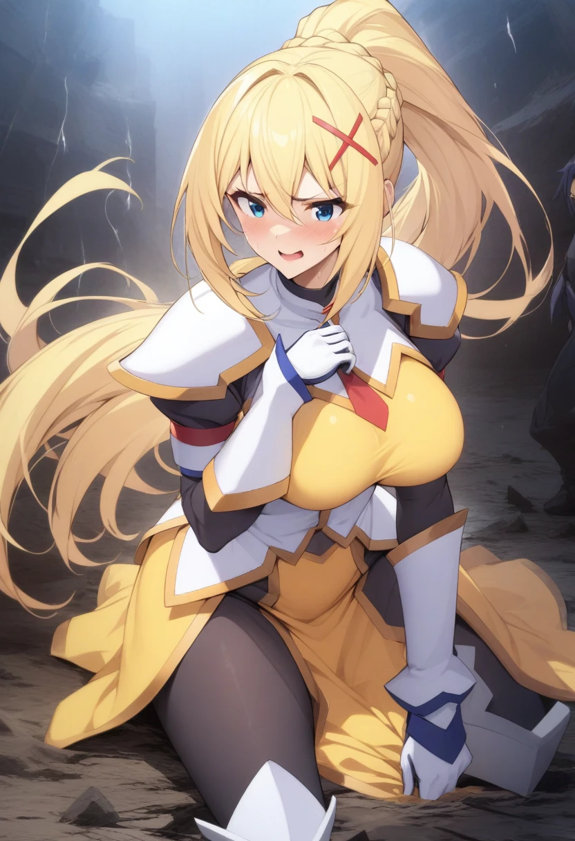 masterpiece, best quality, very aesthetic, absurdres, 1girl, mature_lady, ,,darkness_(konosuba), kono_subarashii_sekai_ni_shukufuku_wo!, 1girl, long_hair,  ponytail, blonde_hair,  x_hair_ornament, braid, blue_eyes,,white_armor, yellow_dress,black_bodysuit,,in hell,floating_clothes,wet_clothes