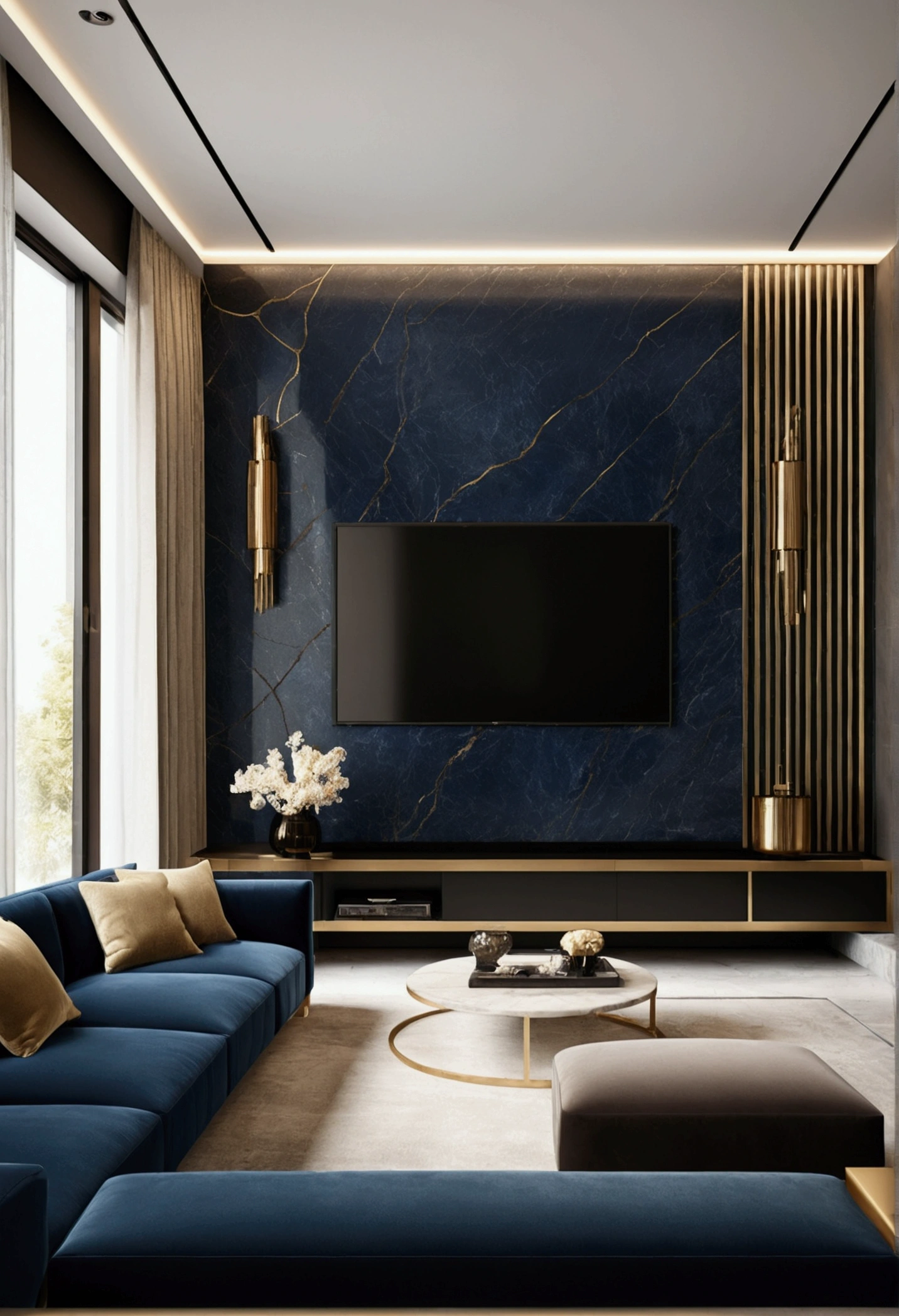 Professional 3D architecture rendering design of modern and minimal design for tv room with beige velvet sofa and dark blue velvet sofa and black slab stone with dark gold lines for tv wall and modern windows and accessories and sunny light