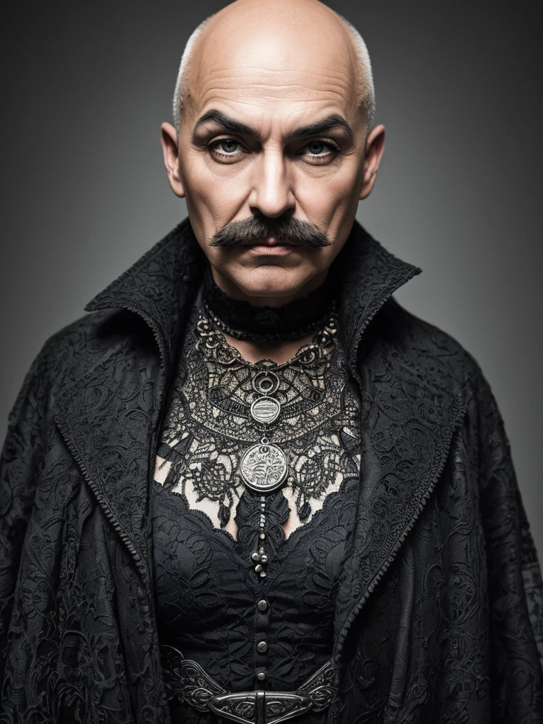 Old men bald with big mustache red and brow eyes, detailed eyes, portrait of woman standing,8k RAW photo, highest quality, (looking at the viewer:1.3), best shadow, intricate detailold hair:1.3),(bright eyeorest, grave,gothic,goth, 8k resolution concept art, hypereallistic, realistic, 12k, intricate. hit definition , cinematic, real life human