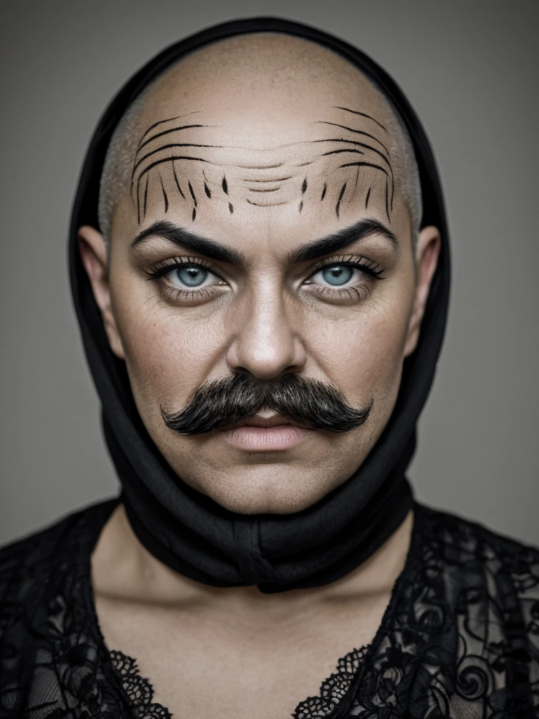 Old men bald with big mustache red and brow eyes, detailed eyes, portrait of woman standing,8k RAW photo, highest quality, (looking at the viewer:1.3), best shadow, intricate detailold hair:1.3),(bright eyeorest, grave,gothic,goth, 8k resolution concept art, hypereallistic, realistic, 12k, intricate. hit definition , cinematic, real life human