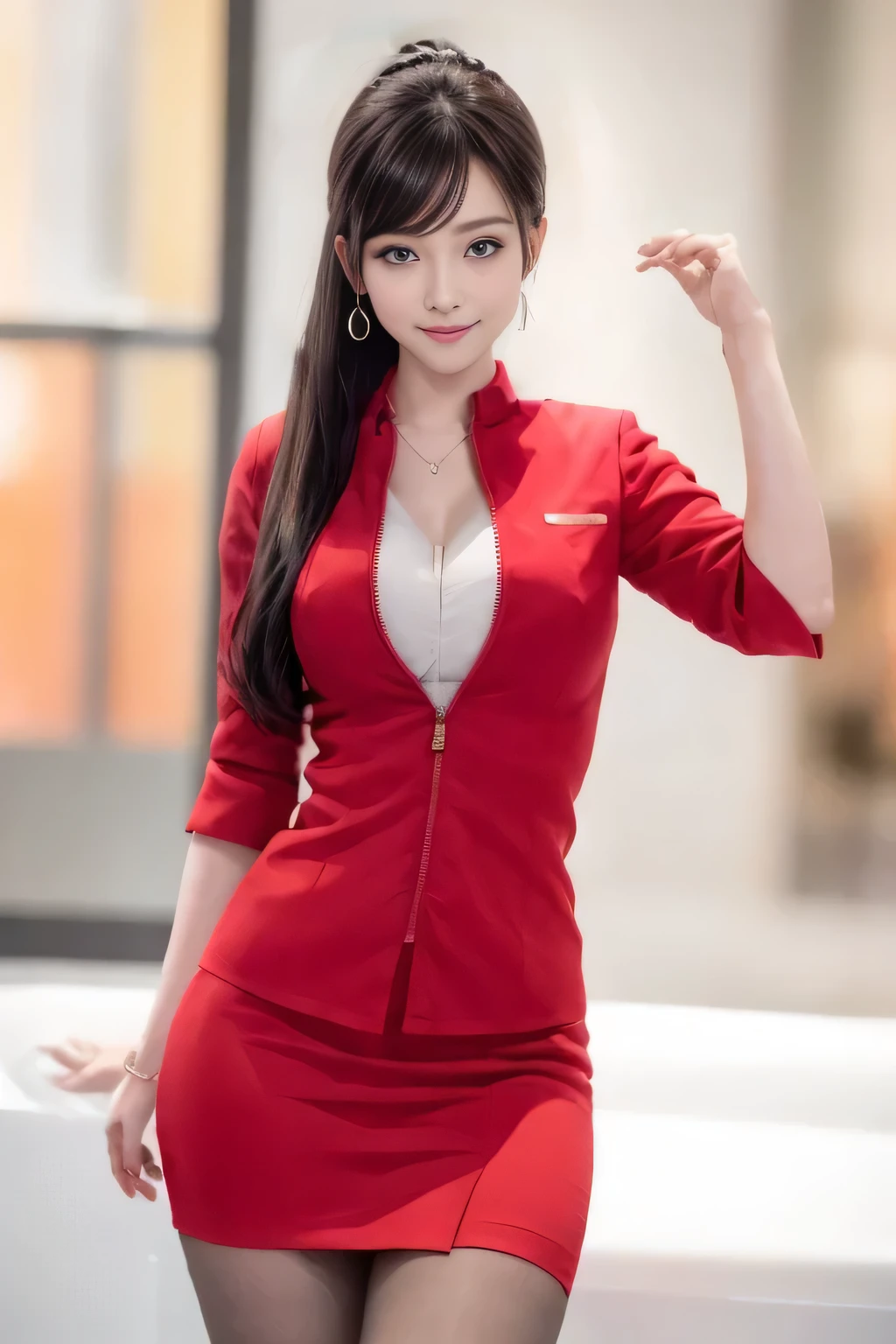 (masterpiece:1.2, Highest quality:1.2), 32k HDR, High resolution, (alone, 1 Girl), (AirAsia stewardess uniform realistic style), A proper woman, Beautiful Face, Brown Hair, (Long hair down to the legs), (Red jacket:1.1, Unzipped jacket, Unbuttoned white shirt:1.05, Red mini skirt:1.1, pantyhose),(Showing big through cleavage in unbuttoned white shirt)、(long hair that reaches down to the legs)、Perfect slim body:1.1, Huge breasts, huge breasts cleavage, Detailed skin texture, Beautiful Eyes, (Attractive look:1.2), necklace、Earrings、(forward leaning posture:1.5), On the roof of a building, Rooftop at daytime,blue eyes、Hands should be lowered