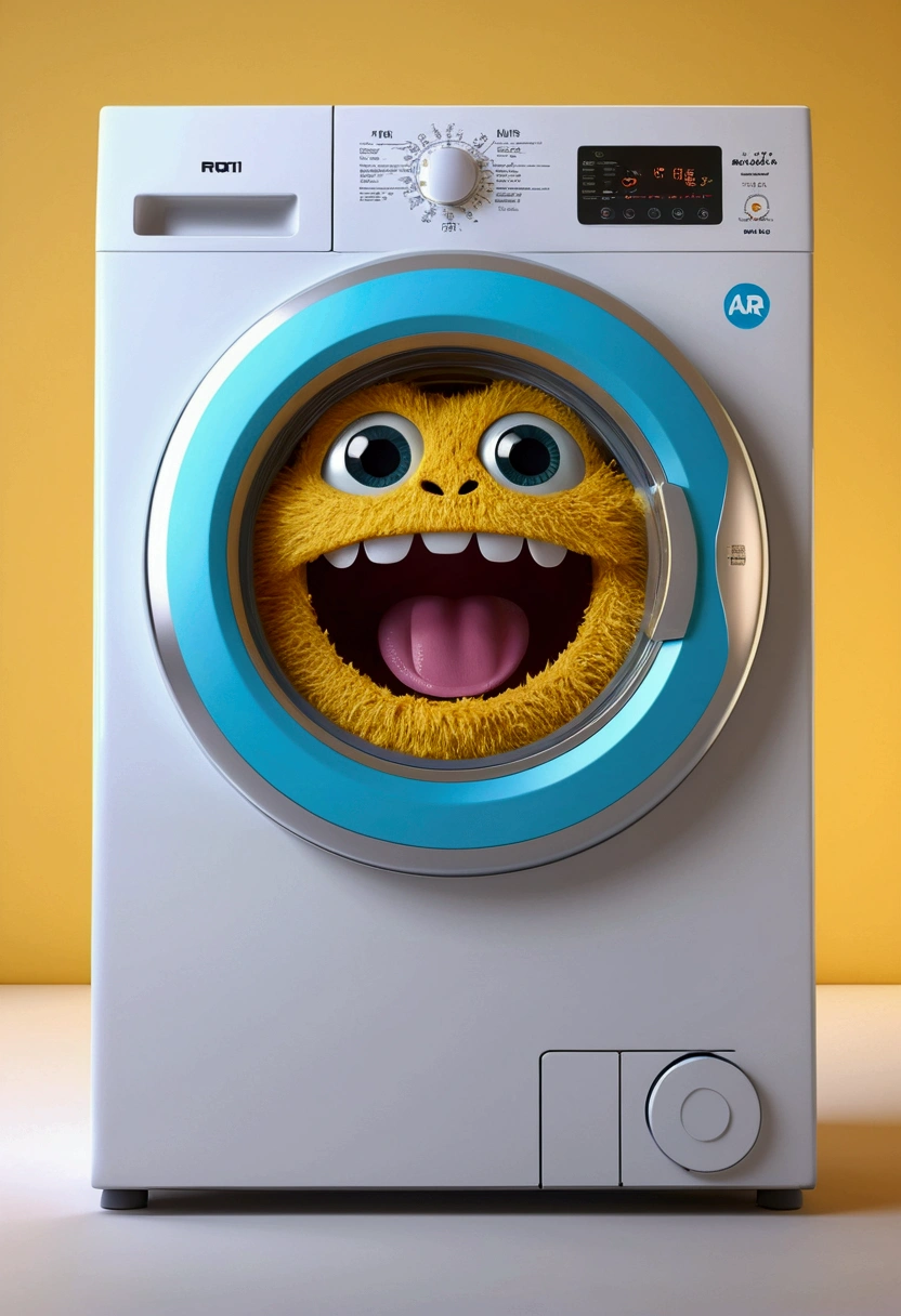 A cute washing machine monster with a smiling face and happy eyes, washing machine until it turns perfect golden with a happy touch. The character is designed in the style of Pixar animation, featuring a bright and fun design, washing clothes. --ar 1:1 -- in 6.0 --3D rendering